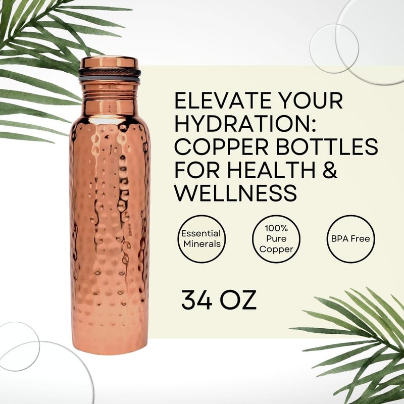 Perilla Home Pure Copper Water Bottle 34 Oz Leak Proof 100% Pure - Ayurvedic Copper Vessel - Drink More Water And Enjoy The Health Benefits Immediately - For Gym, Yoga Bottle (Hammered) - Image 3